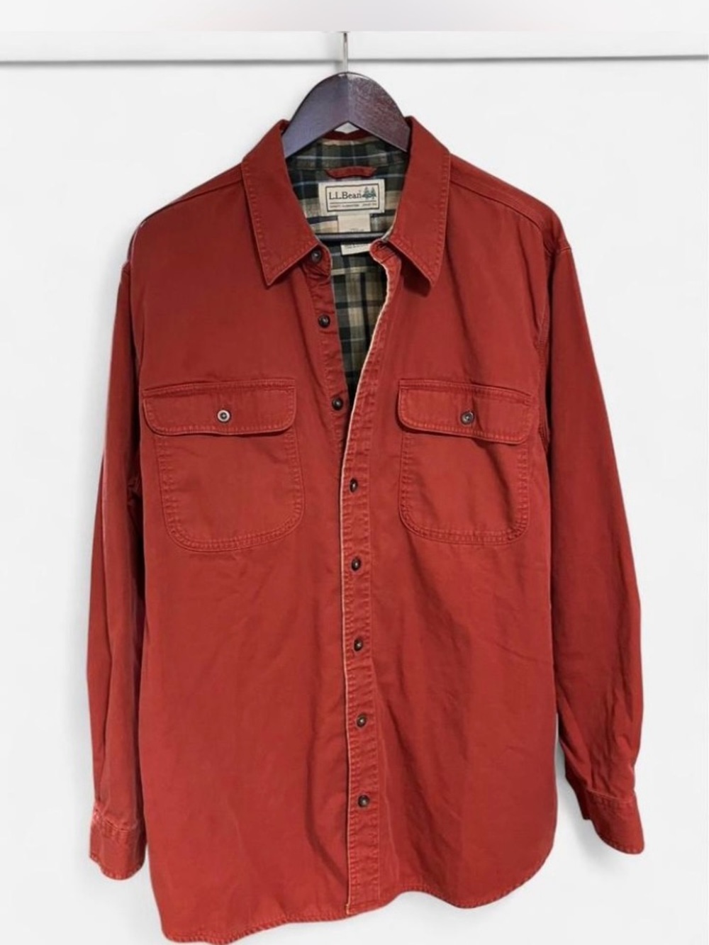 L.L. Bean Men's Rust Red Shirt Jacket Plaid Lining 100% Cotton Size Large - Picture 2 of 8